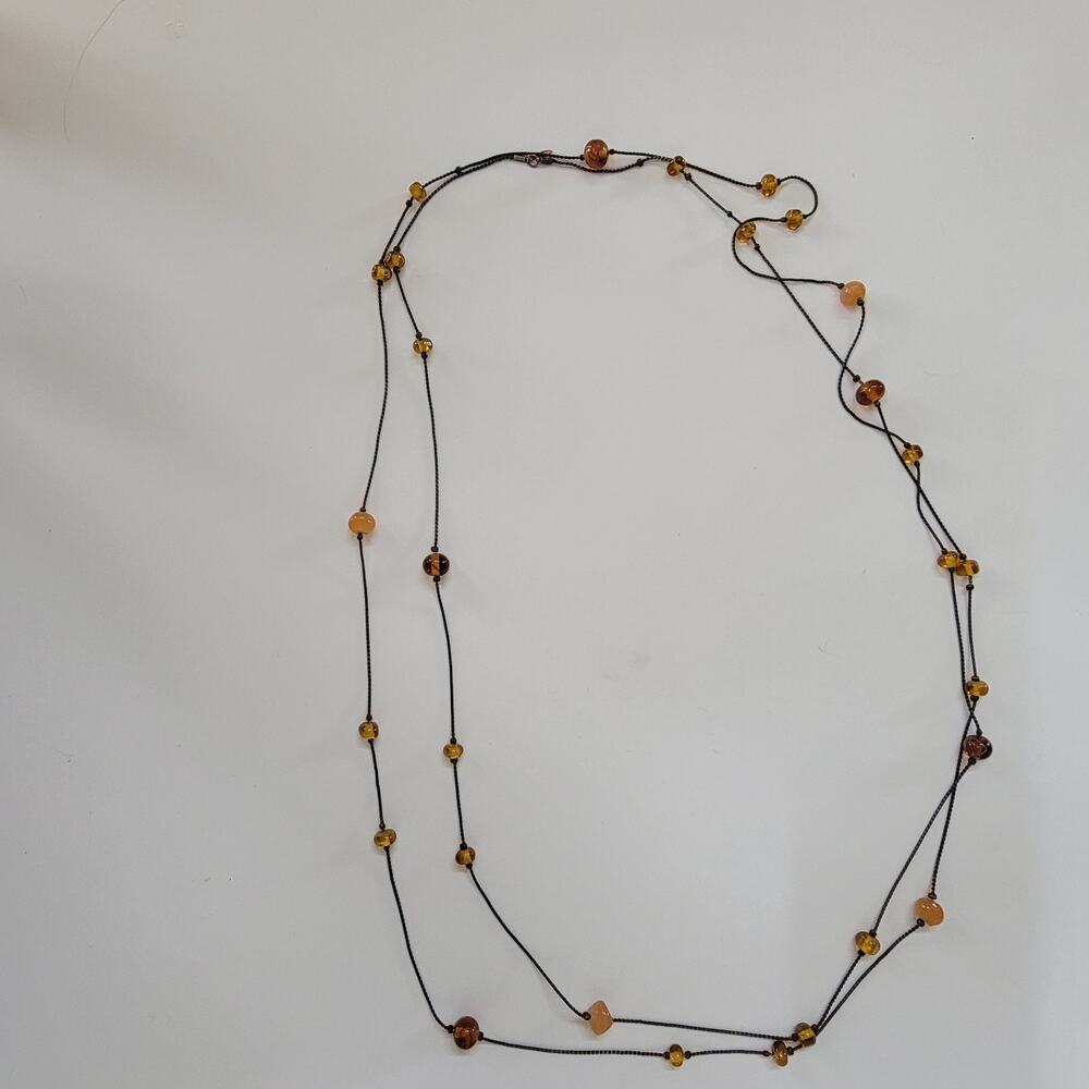 Vintage Long Black Cord Necklace With Amber Brown Glass Beads Lightweight Style